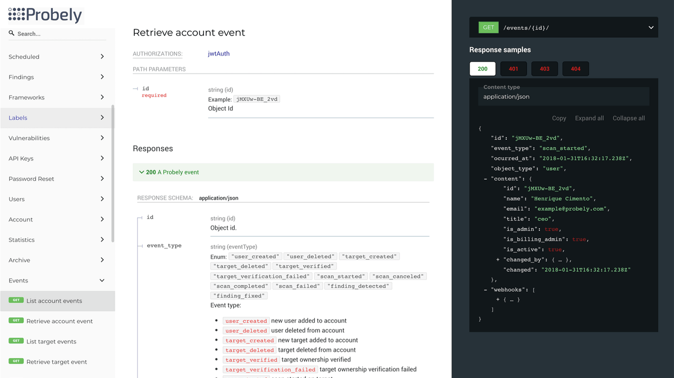 Probely API documentation screenshot